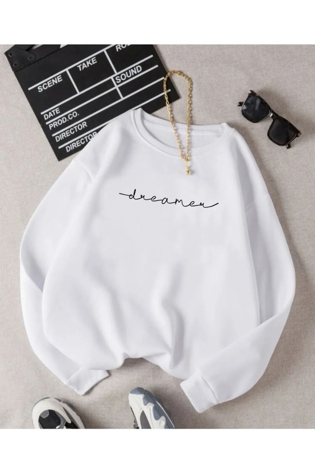 Women's White Dreamer Printed Oversize Sweatshirt