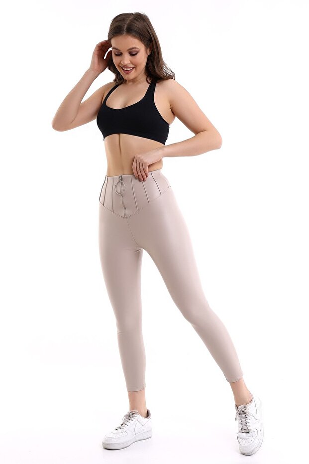 Ring Zipper Detailed Women's Matte Leather Raised Thermal Tights