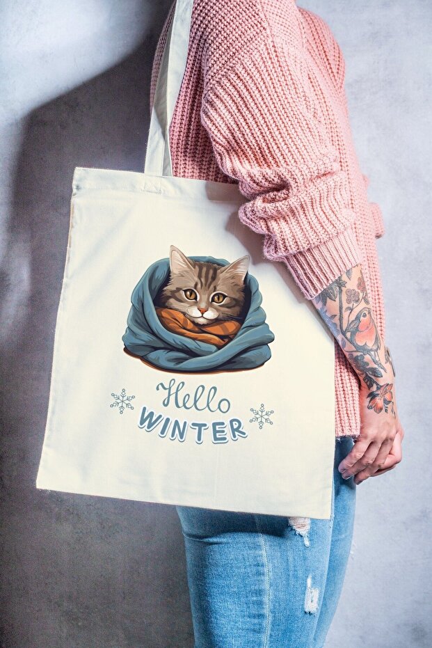 Winter Mode Cat Themed Winter Themed Printed Organic a Quality Raw Cloth Bag (Cream Color)