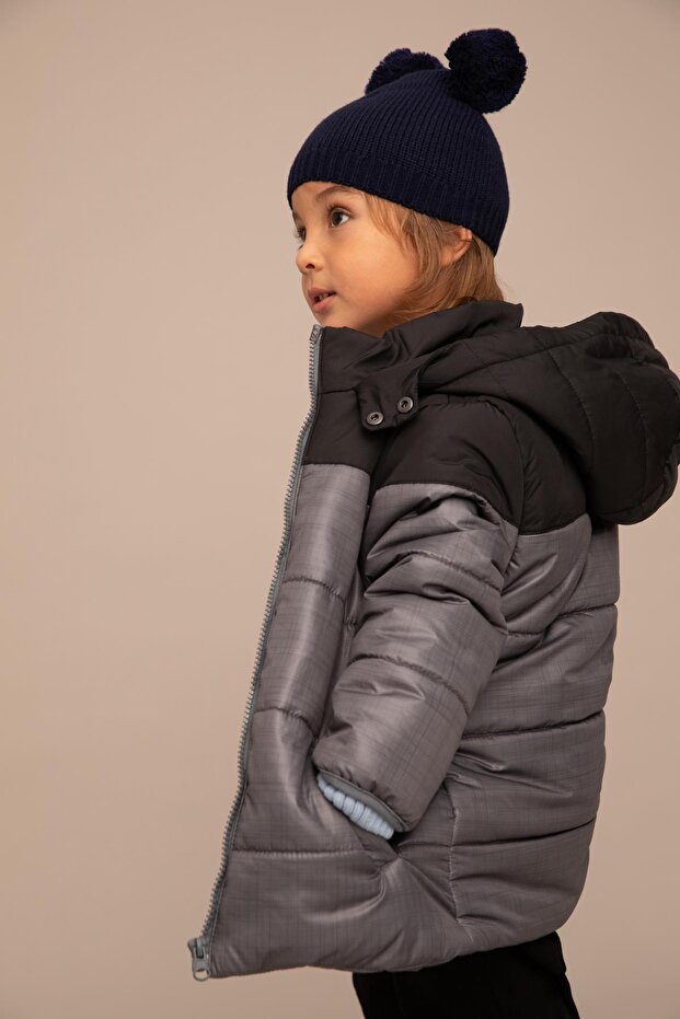 Baby Boy Water Repellent Hooded Plush Lined Long Coat