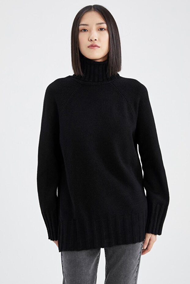 Oversize Fit Balıkçı Yaka Uzun Kollu Triko Tunik - 5