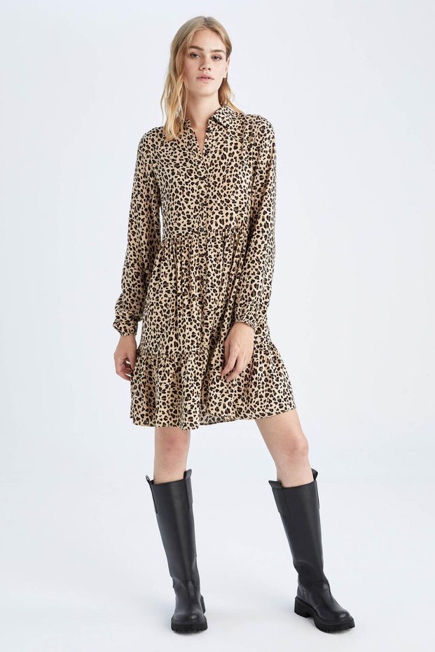 Leopard Print Flounce Detail Mini Shirt Dress T5563Az22Au