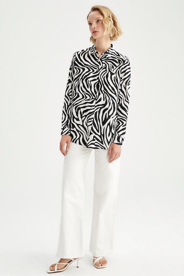 Regular Fit Gömlek Yaka Zebra Desenli Uzun Kollu Tunik - 2