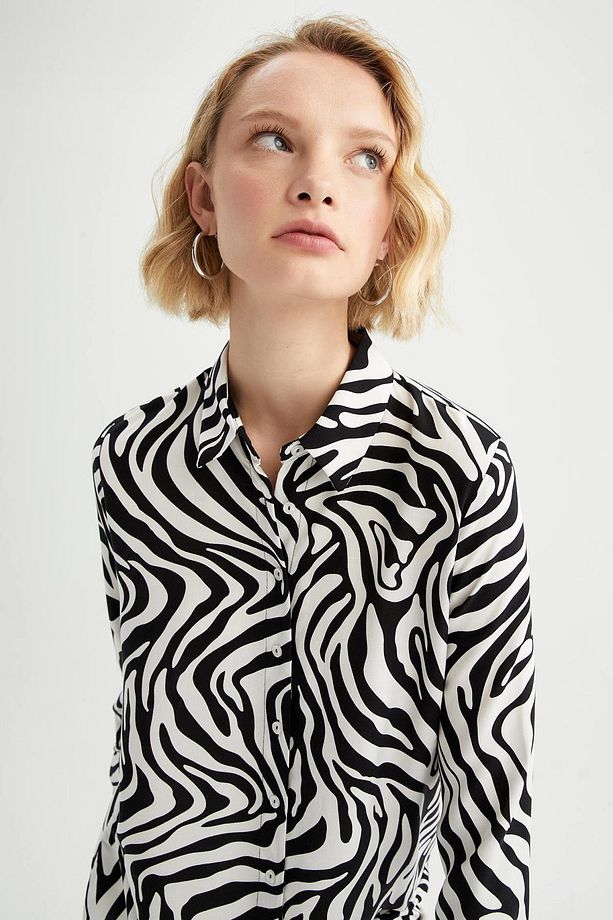 Regular Fit Gömlek Yaka Zebra Desenli Uzun Kollu Tunik - 1