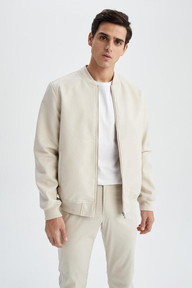 Regular Fit College Collar Bomber Jacket Faux Leather Coat