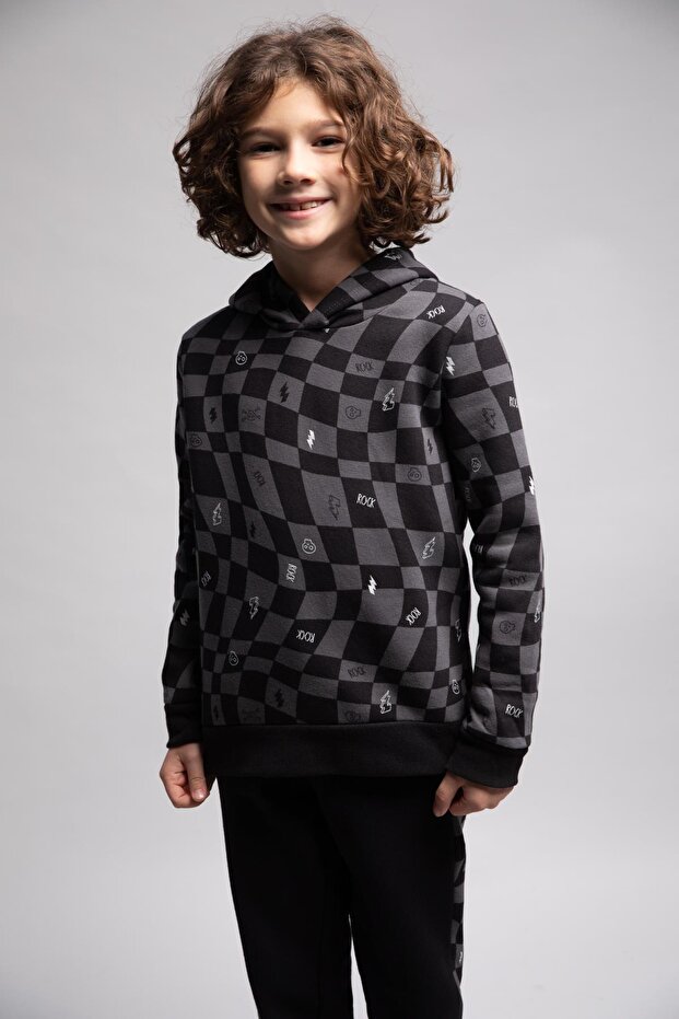 Boy's Hooded Patterned Sweatshirt - 1