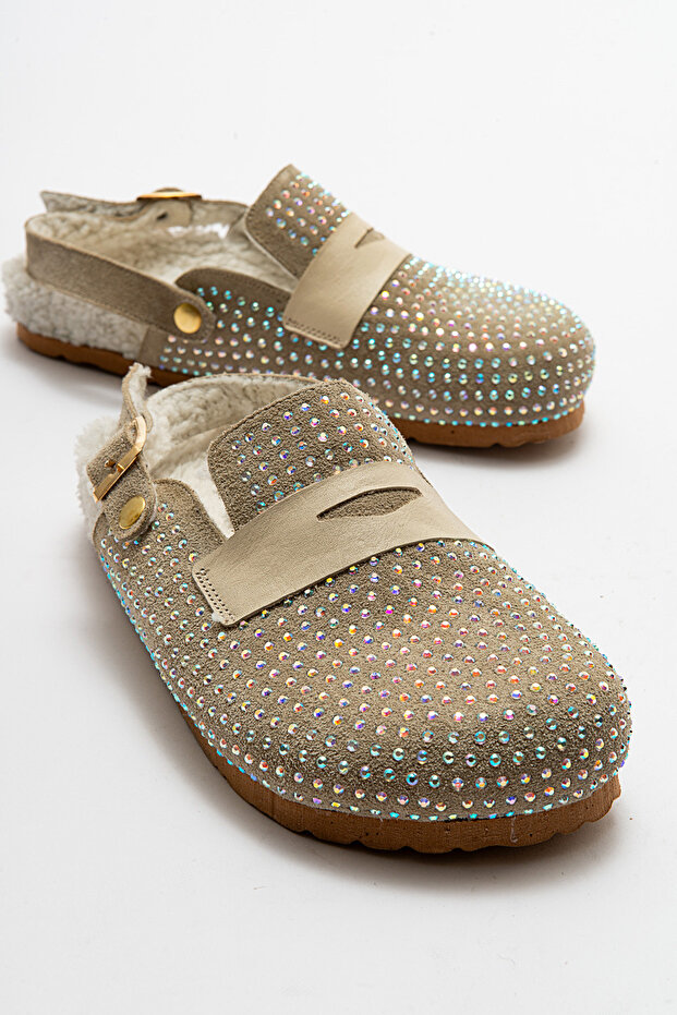 Women's Genuine Leather Stoned Fur Winter Slippers 6242