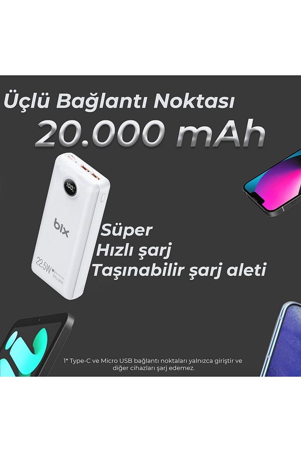 Pb201 20000mah 22.5w 3 Çıkışlı Usb Qc 4.0 Type-c Pd Lcd Göstergeli Powerbank Beyaz - 6