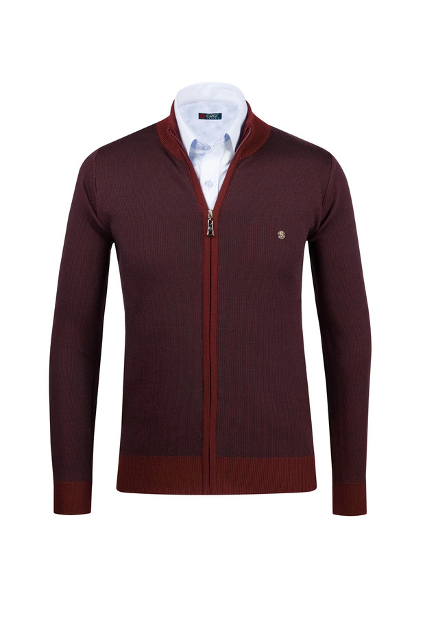 Men's Knitwear Burgundy Jacket with Zipper Pocket Detail Patterned Steel Knit - 4818K