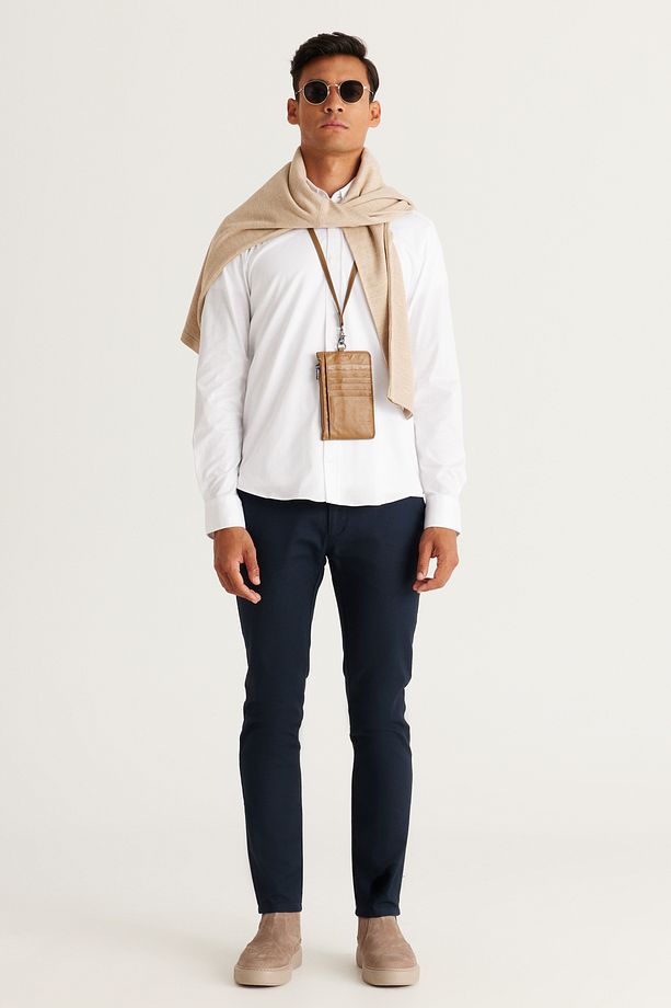 Erkek Beyaz Slim Fit Dar Kesim Gizli Düğme Yaka %100 Pamuk Gömlek - 3