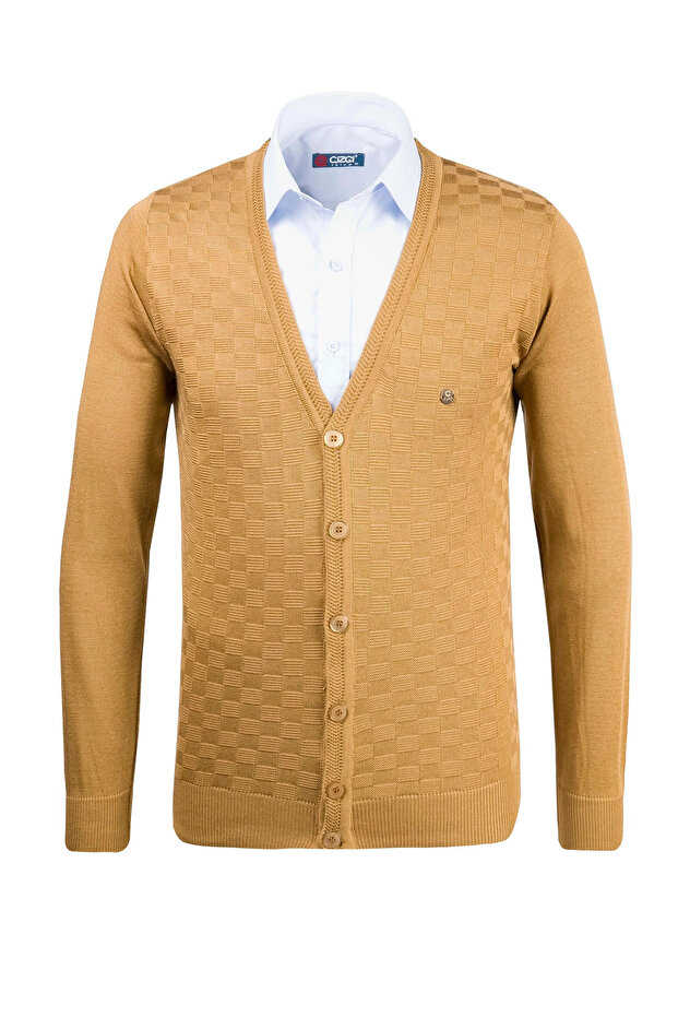 Men's V-Neck Knitwear Mustard Cardigan Buttoned Patterned Steel Knit Regular Fit - 4835m