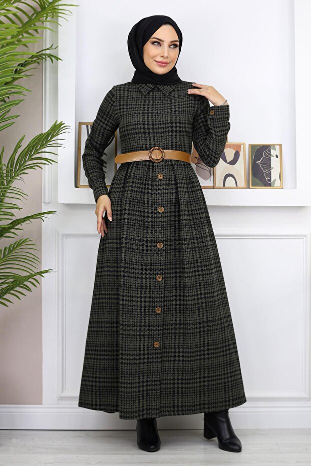 Button Detailed Dress Khaki 19166