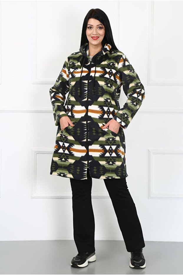 Women's Khaki Fleece Large Size Cardigan