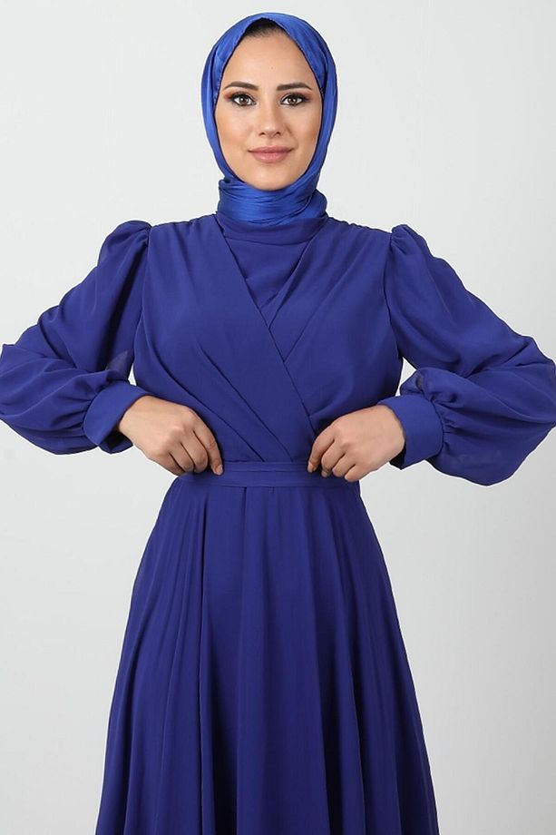 Önü Çapraz Şifon Elbise Gece Mavi - 5