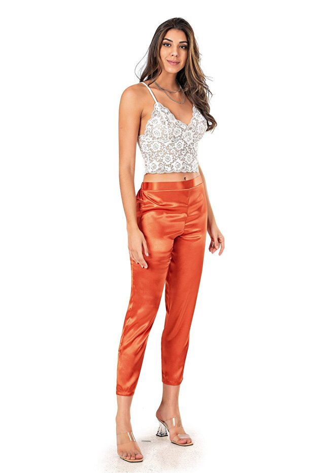 Women's Satin Pajama Set Cinnamon Lace Detailed 471
