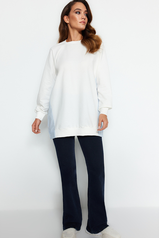 Ekru Oversize Dokuma Parçalı Örme Tunik TCTSS23UK00092 - 2