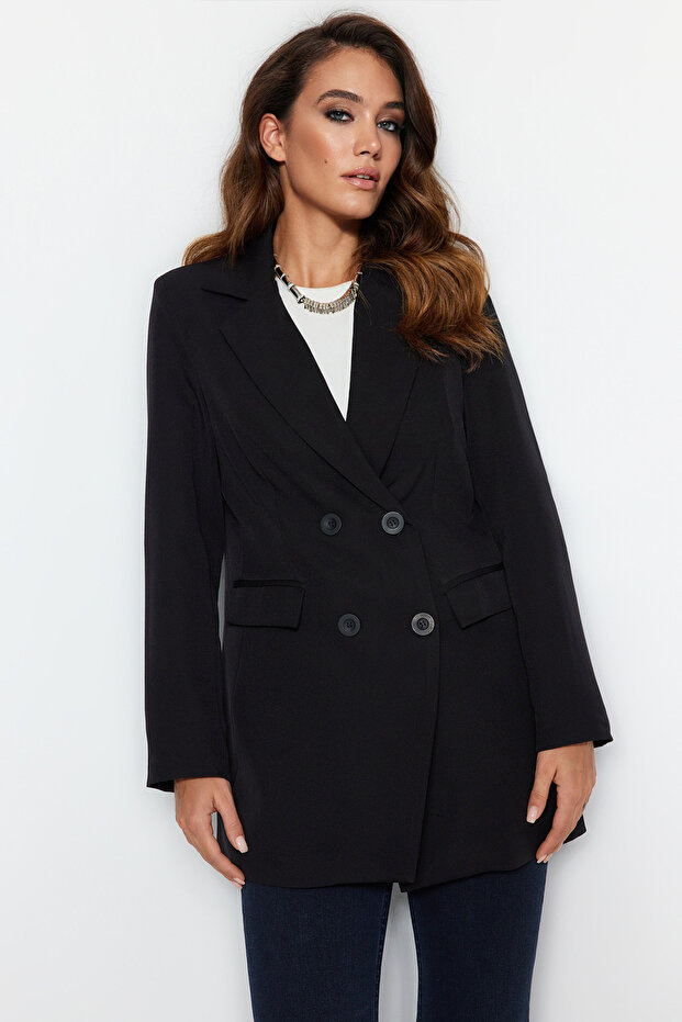 Siyah Çift Düğme Detaylı Cepli Astarlı Blazer Dokuma Ceket TCTSS22CE0250 - 2