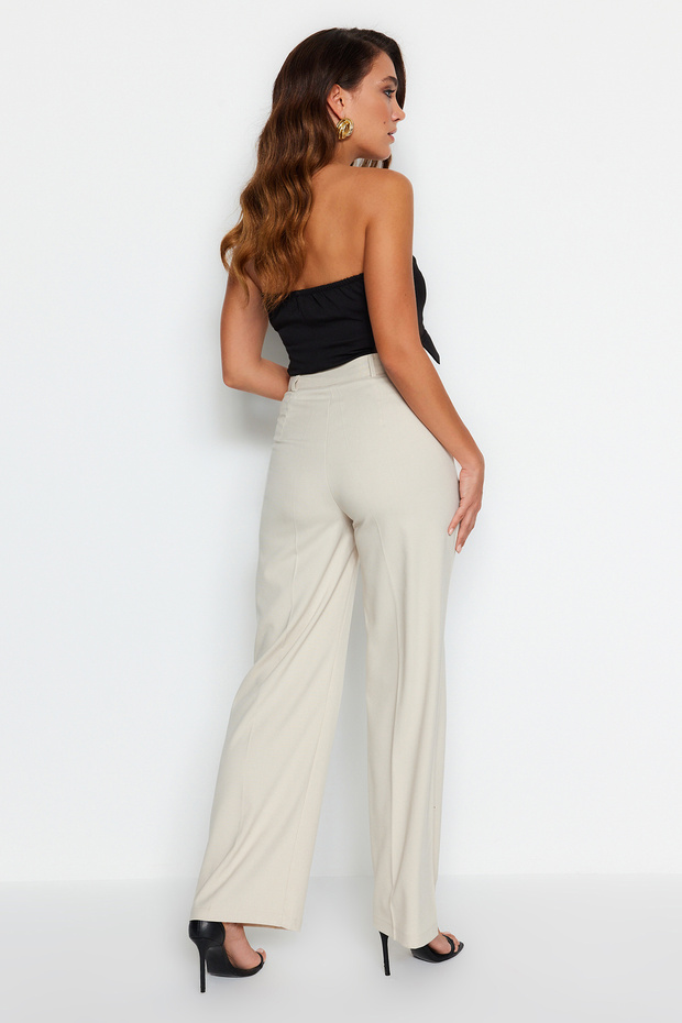 Bej Wide Leg/Geniş Paça Yüksek Bel Dokuma Kumaş Pantolon TWOSS23PL00314 - 9