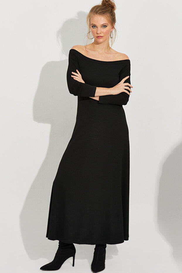 Kadın Siyah Madonna Yaka Midi Elbise BK272076 - 5