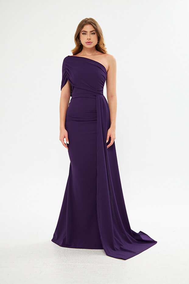 FLEXIBLE CREPE FABRIC PURPLE COLOR EVENING DRESS WITH ONE SHOULDER DETAILED GL-684 582108