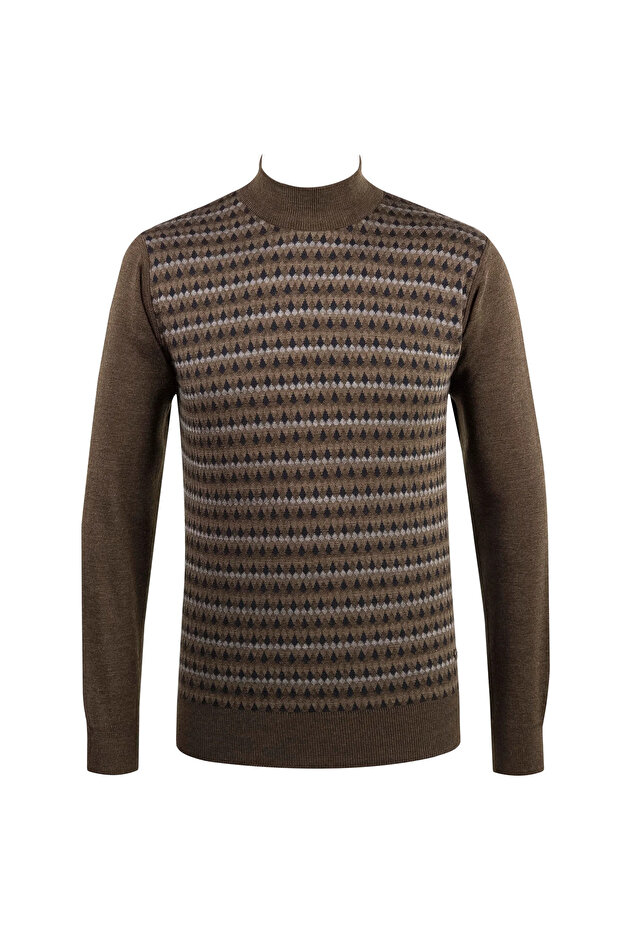 Men's Half Turtleneck Knitwear Brown Sweater Patterned Steel Knit Classic Fit - 4802B