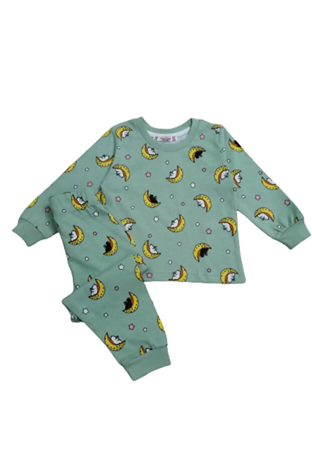 Boy's Cotton Green Moon Patterned Long Sleeve Pajama Set