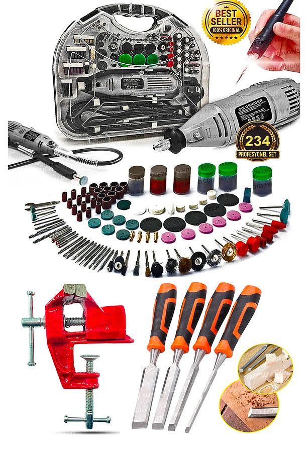 Premium Seri Devirli Çantalı Dramel Gravür Seti Hobi Taşlama Kit, Pro Ahşap oyma Seti Mengene - 1