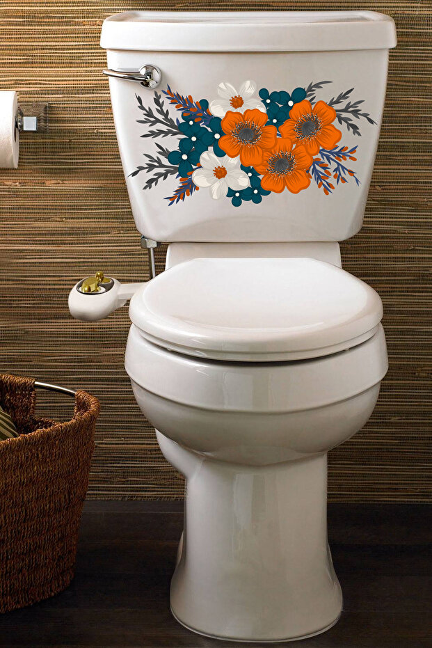 Orange White Wild Flowers - Toilet Seat Sticker, Bathroom Styili Ech119