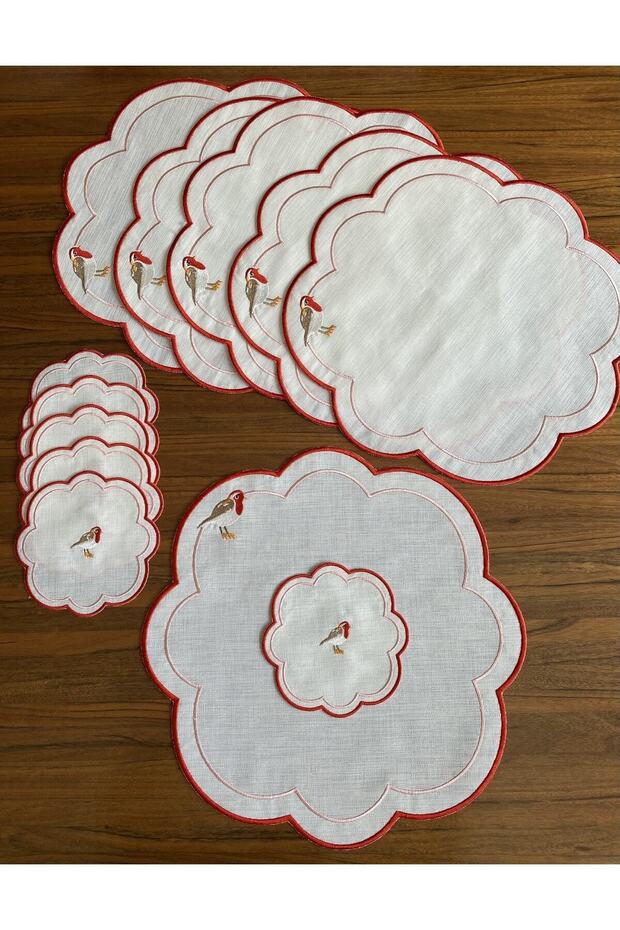12-Piece Set Love Birds Red Embroidered Placemat and Cocktail Napkin