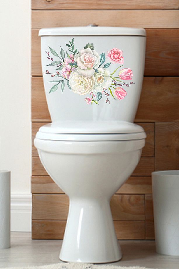 Klozet Sticker Beyaz Pembe Çiçekler Banyo Sticker Seti  ECH112 - 4