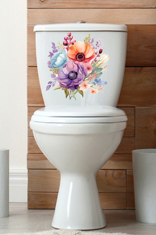 Sulu Boya Soft Renkli Çüçekler Klozet Sticker Banyo Sticker - 1