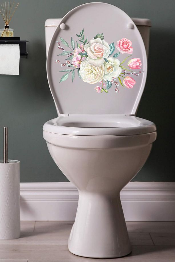 Klozet Sticker Beyaz Pembe Çiçekler Banyo Sticker Seti  ECH112 - 2