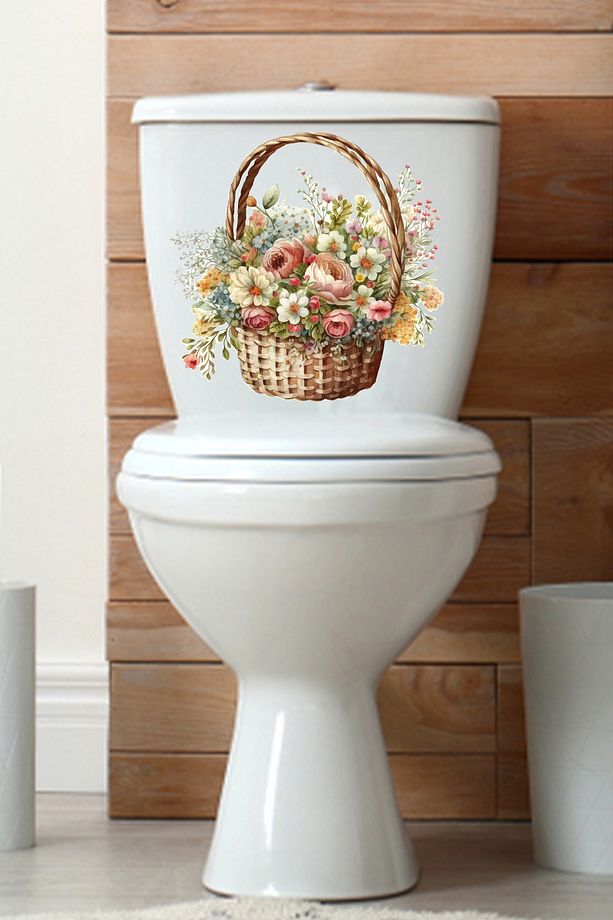 Sepetteki Güller ve Kır Çiçekleri Klozet Sticker Banyo Sticker - 4