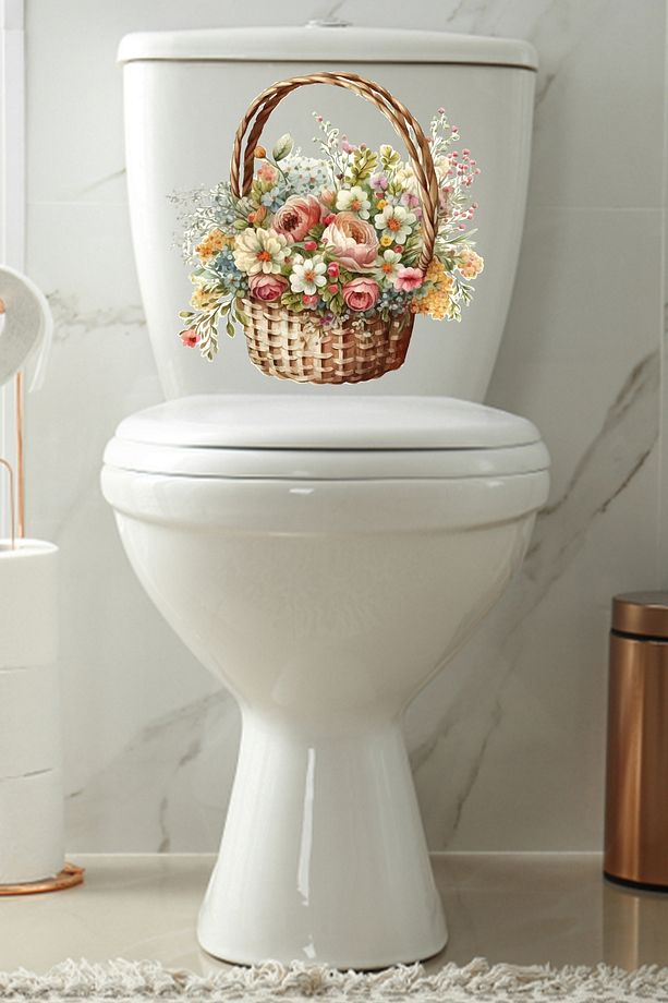 Sepetteki Güller ve Kır Çiçekleri Klozet Sticker Banyo Sticker - 3