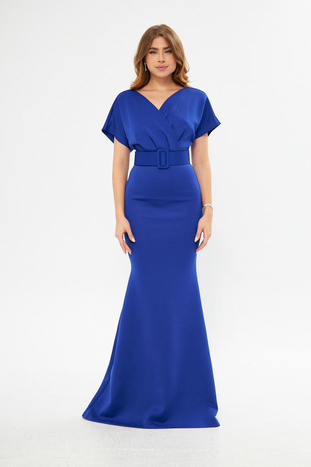 FLEXIBLE SCUBA FABRIC BLUE COLOR DOUBLE-BREASTED COLLAR BELT EVENING DRESS GL-686 582099