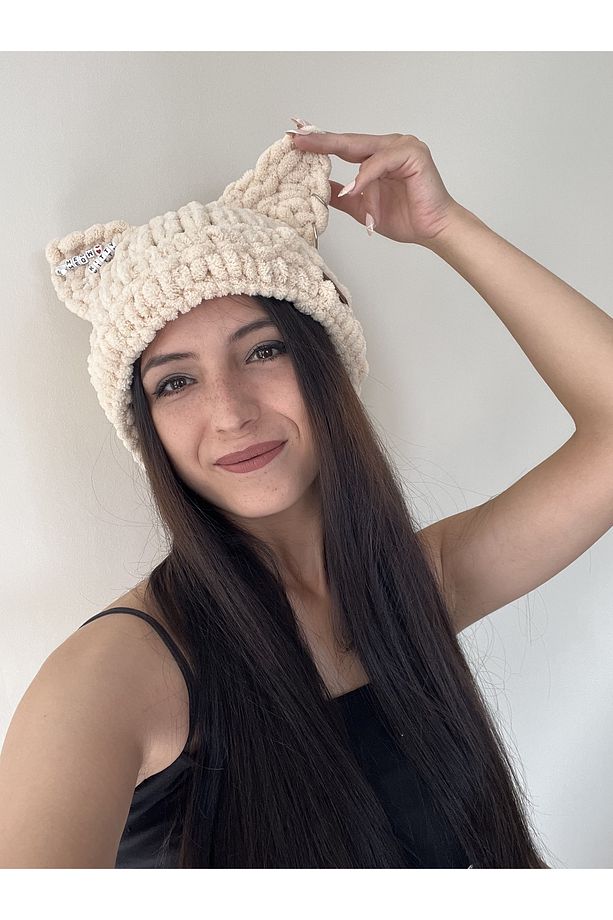 Kedi Kulaklı Puffy Bere Gri El Örgüsü Kışlık Bere Şapka Hello Kitty - 5