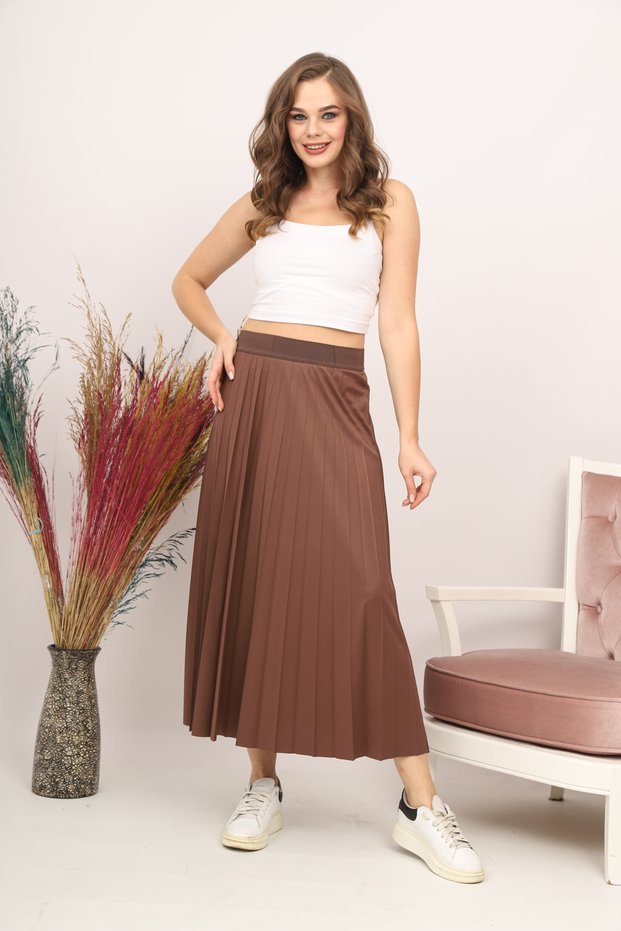 PLEATED SKIRT LEATHER LOOK BROWN SKIRT TESETURE SKIRT
