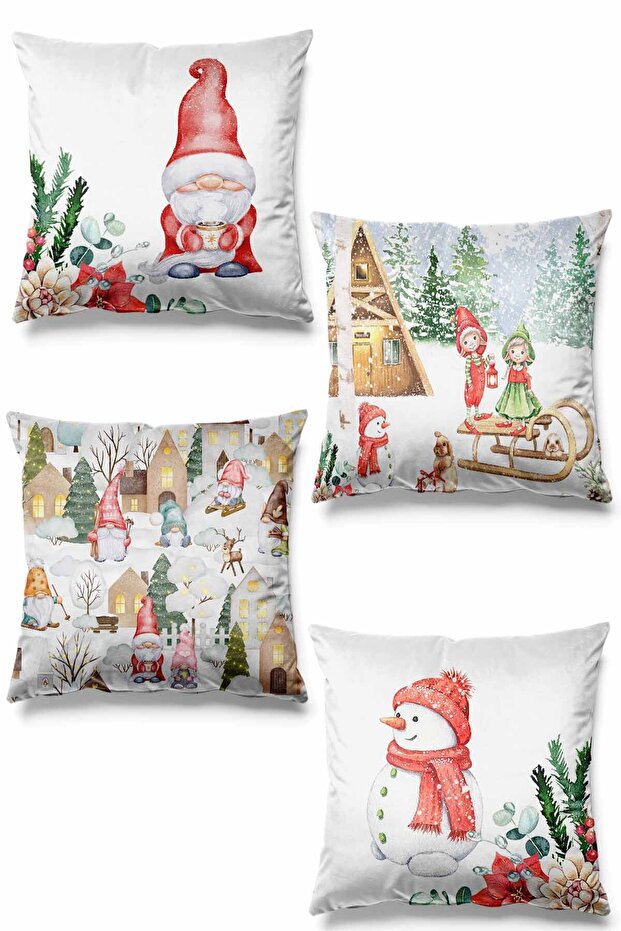 Double Sided Printed Village Patterned 4-Piece Suede Throw Pillow Cover New Year - Christmas