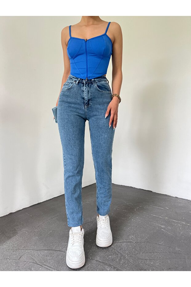 Blue Mom Jeans Lycra High Waist Blue Snow Wash Mom Jeans Extra Comfortable