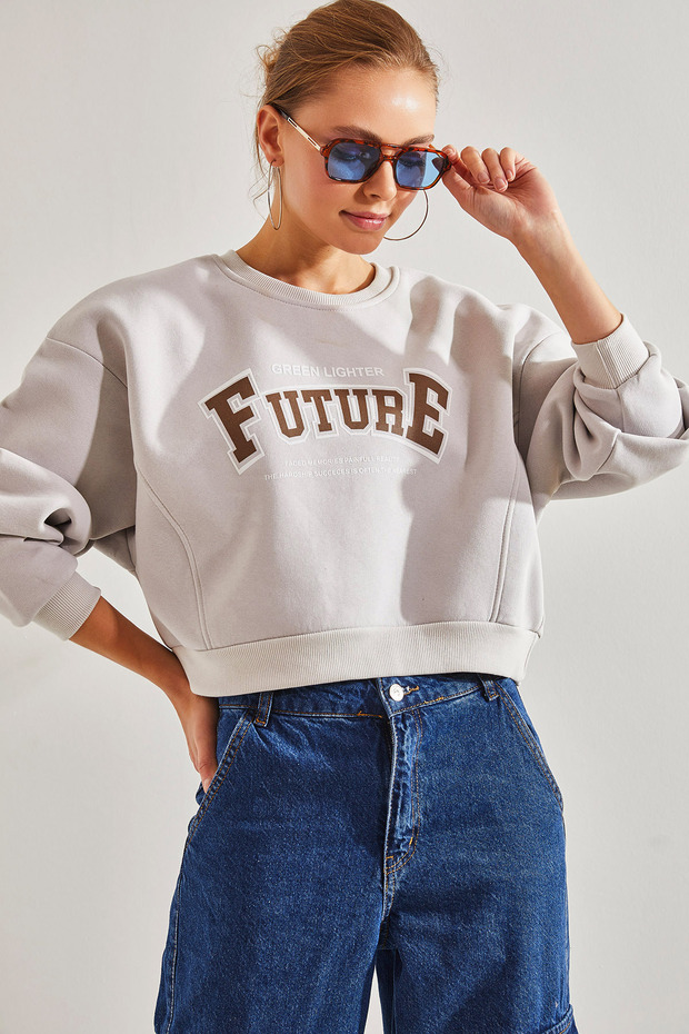 Women's Beige Printed Three Thread Ribbed Sweatshirt 60041012