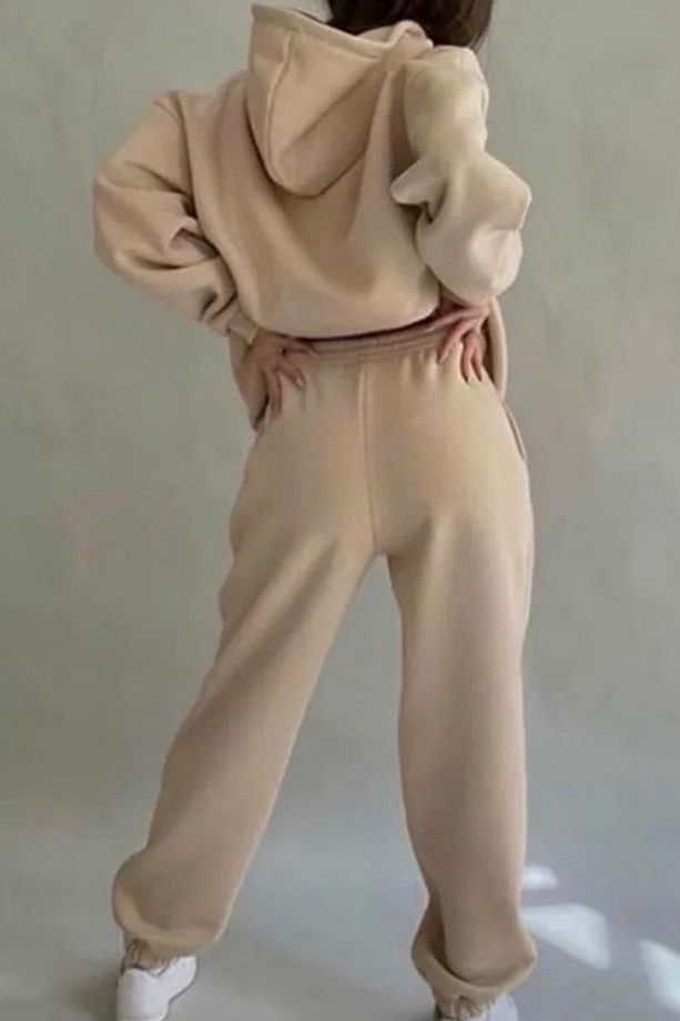 Üç İplik Kumaş Kanguru Cepli Kapişonlu Sweatshirt ve Yüksek Bel Alt Camel Spor Eşofman Takım 400 - 3