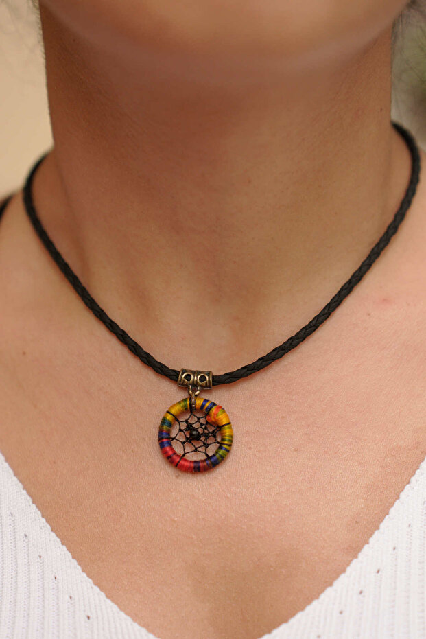 Unisex Dream Catcher Themed Genuine Leather Necklace