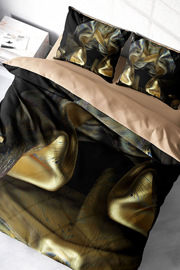 Cotton Satin Double Duvet Cover Set with Elastic Sheets Gold Cover