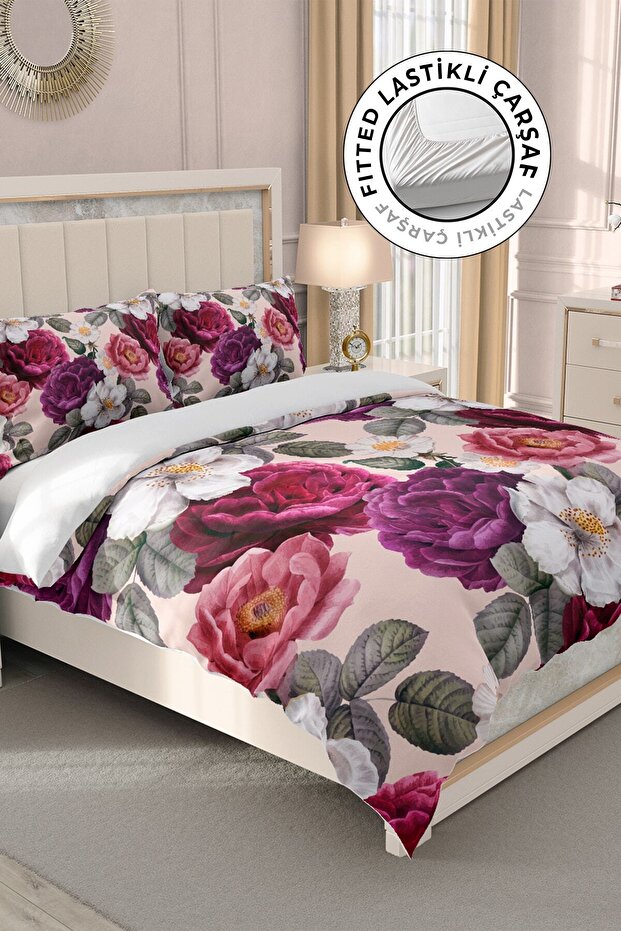 Cotton Satin Double Duvet Cover Set with Elastic Sheets Flower Dream
