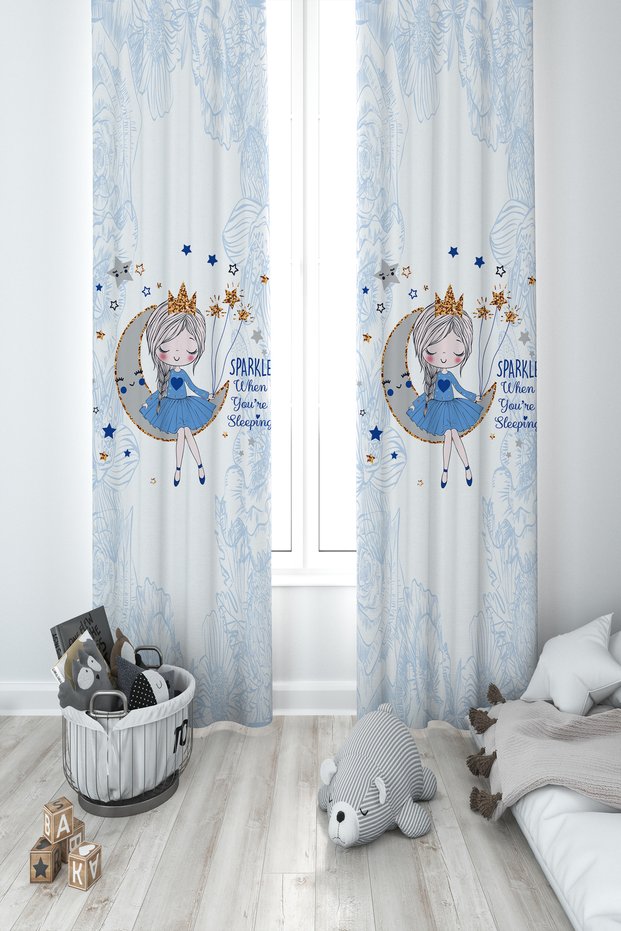 BABY AND KIDS ROOM Girl Sitting on the Moon Patterned Blue Motif 2 Wing Background Curtain
