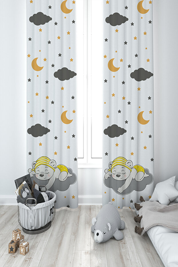 BABY AND KIDS ROOM Cute Sleeping Bear Patterned 2 Wings Background Curtain