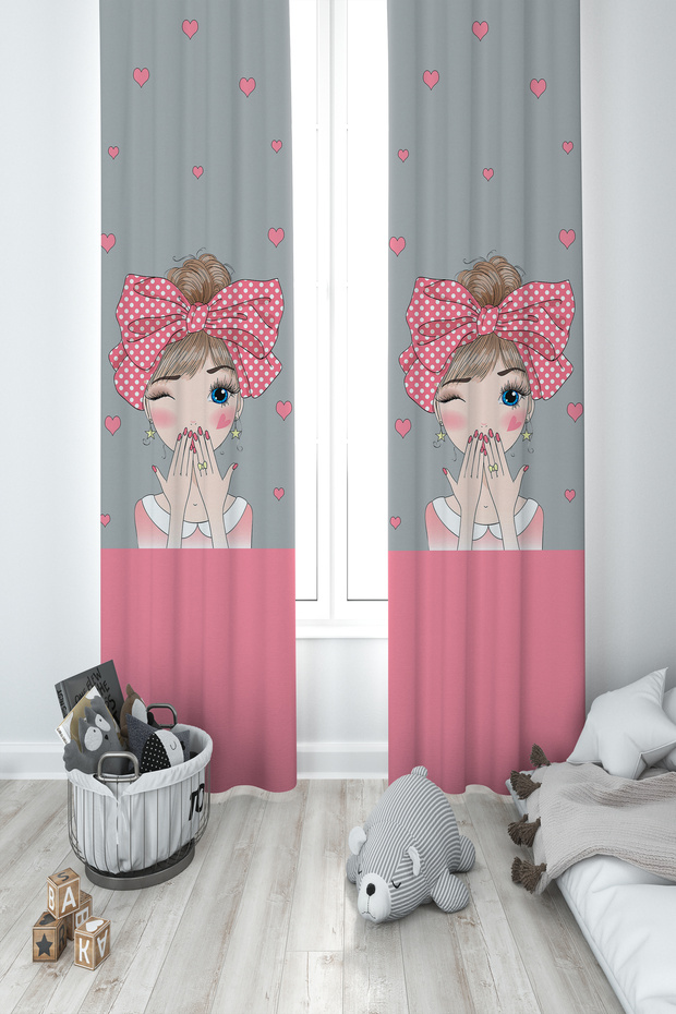 BABY AND KIDS ROOM Girl Patterned 2 Wing Background Curtain with Bow