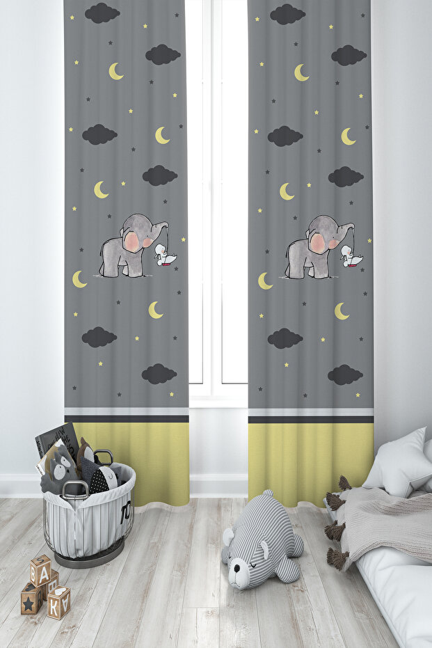 BABY AND KIDS ROOM Elephant and Rabbit Patterned Gray 2 Wing Background Curtain