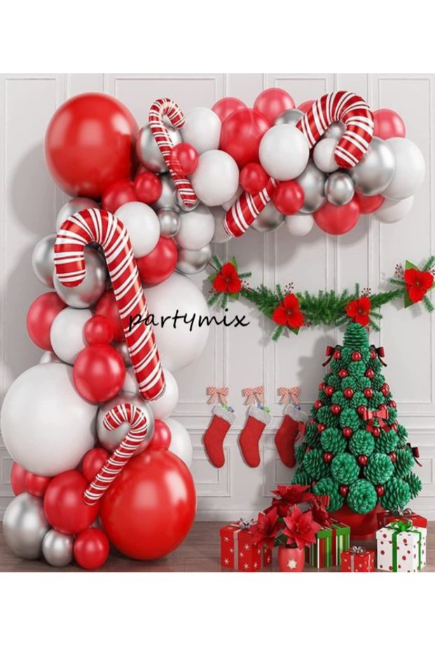New Year's Christmas Balloon Chain 2 Christmas Walking Stick Shaped Foil Balloons and 50 Balloons