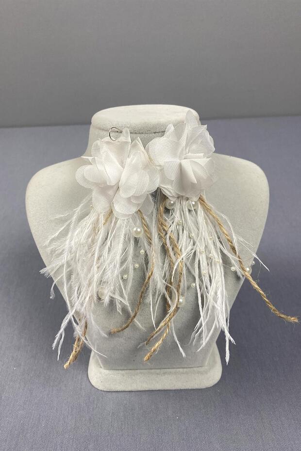 White Laser Floral Straw Pearl Ostrich Feather Earrings – Bijoux Earrings, Stylish Design – Bijoux Cube